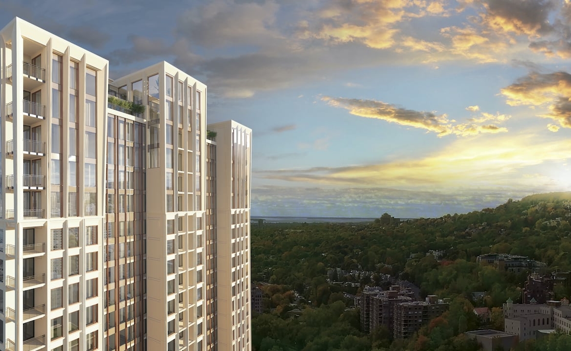 Rendering of Le Sherbrooke Condos exterior with view of surrounding area