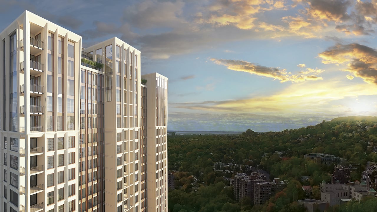 Rendering of Le Sherbrooke Condos exterior with view of surrounding area