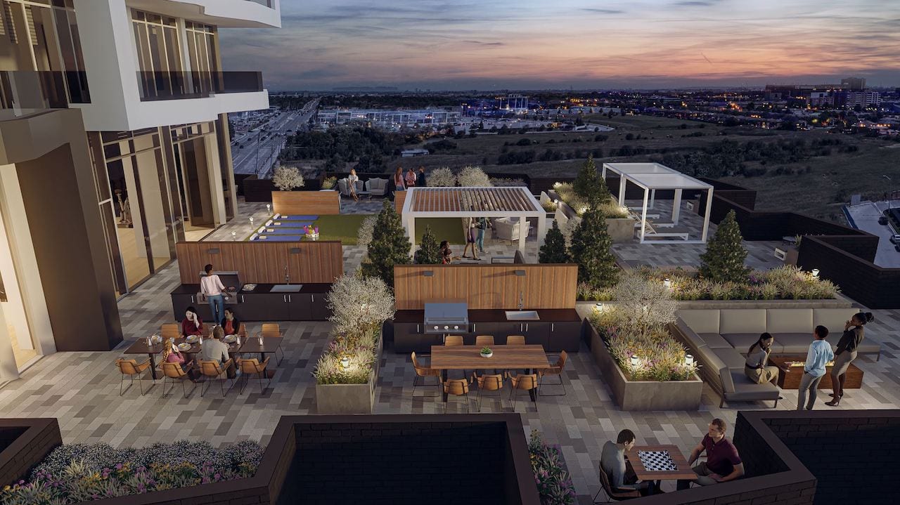 Rendering of DUO Condos terrace at night aerial view