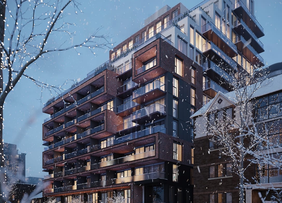 Rendering of Groove Urban Condos exterior in the snowy winter at night