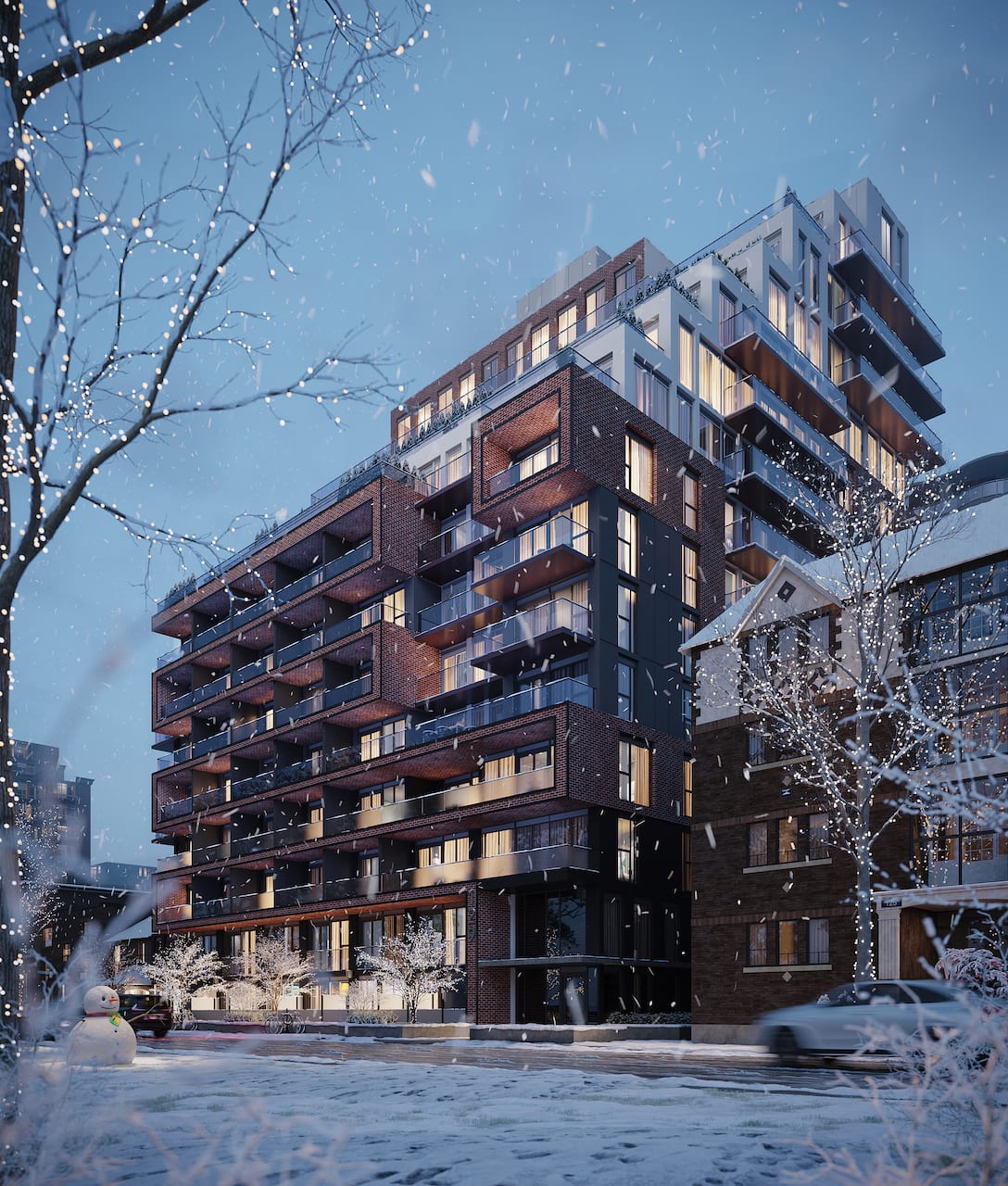 Rendering of Groove Urban Condos exterior in the snowy winter at night