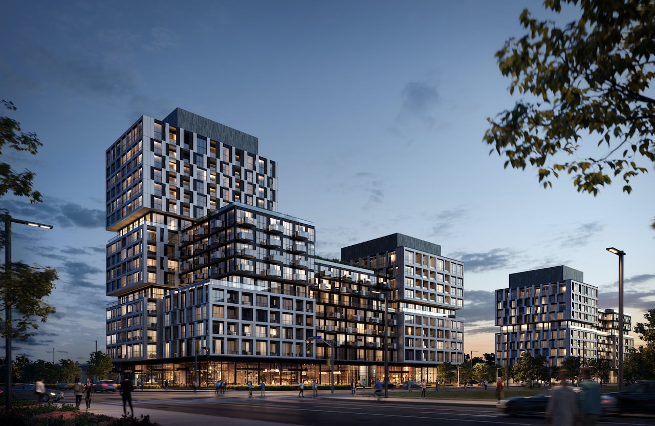 Rendering of Verge phase 1 and 2 Condos exterior at night