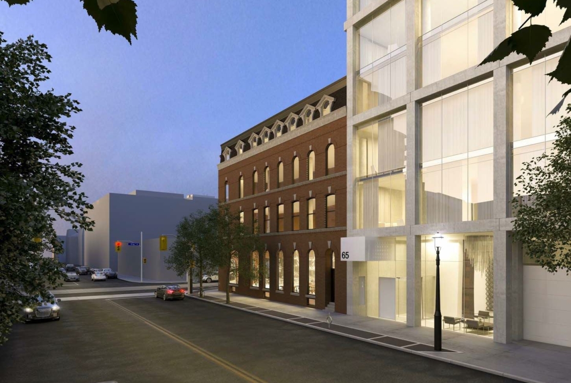 Rendering of 65 George Condos exterior streetscape and angled building view at night