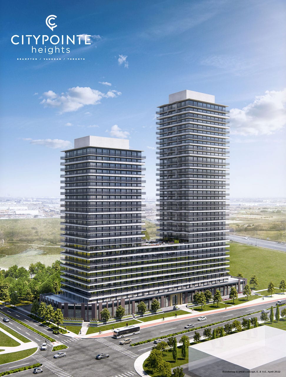 Rendering of CityPointe Heights exterior two towers full view