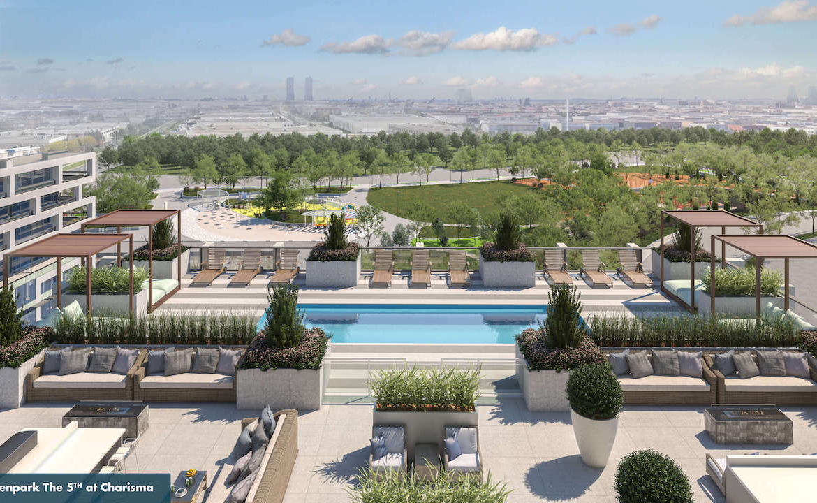 Rendering of The Fifth at Charisma pool terrace aerial