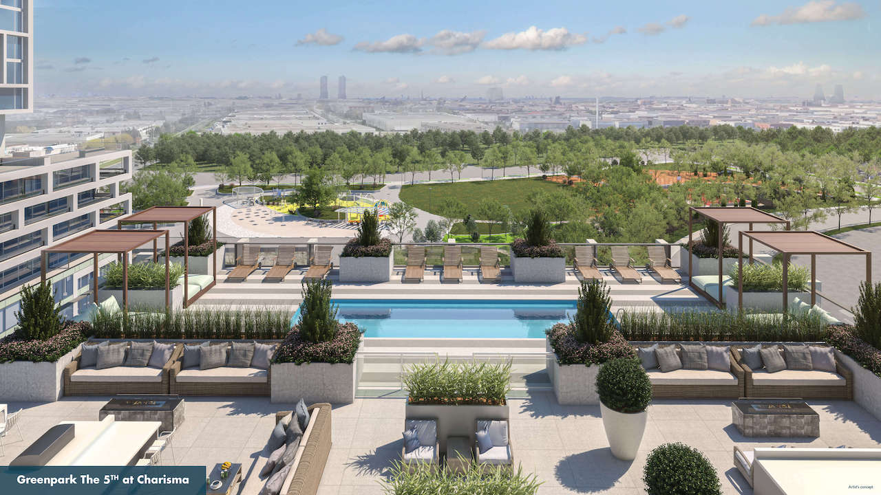 Rendering of The Fifth at Charisma pool terrace aerial