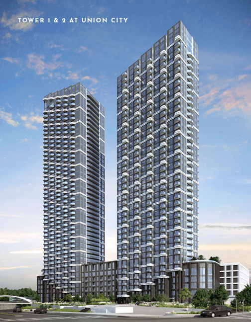 Rendering of UnionCity Condos exterior full view two towers