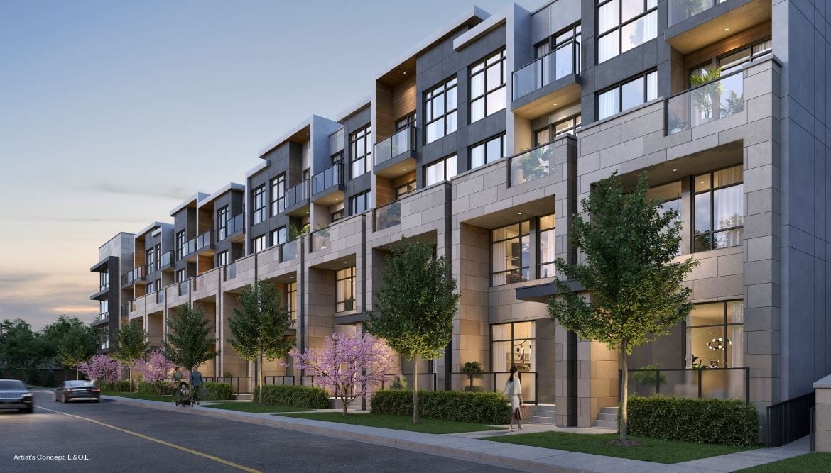 Rendering of The Deane Condos exterior side view in the evening