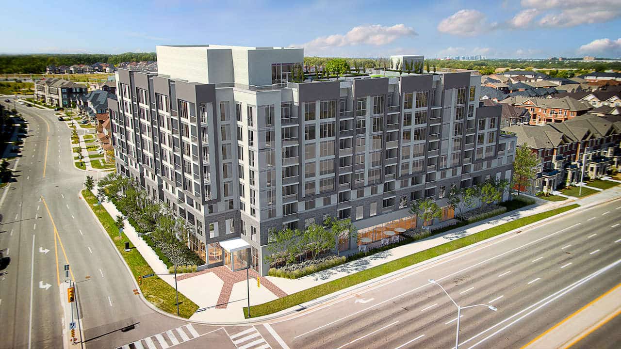Rendering of The Post Condos exterior day aerial
