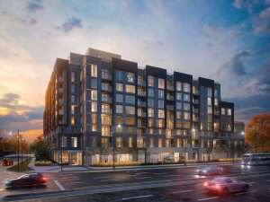 Rendering of The Post Condos exterior view at dusk