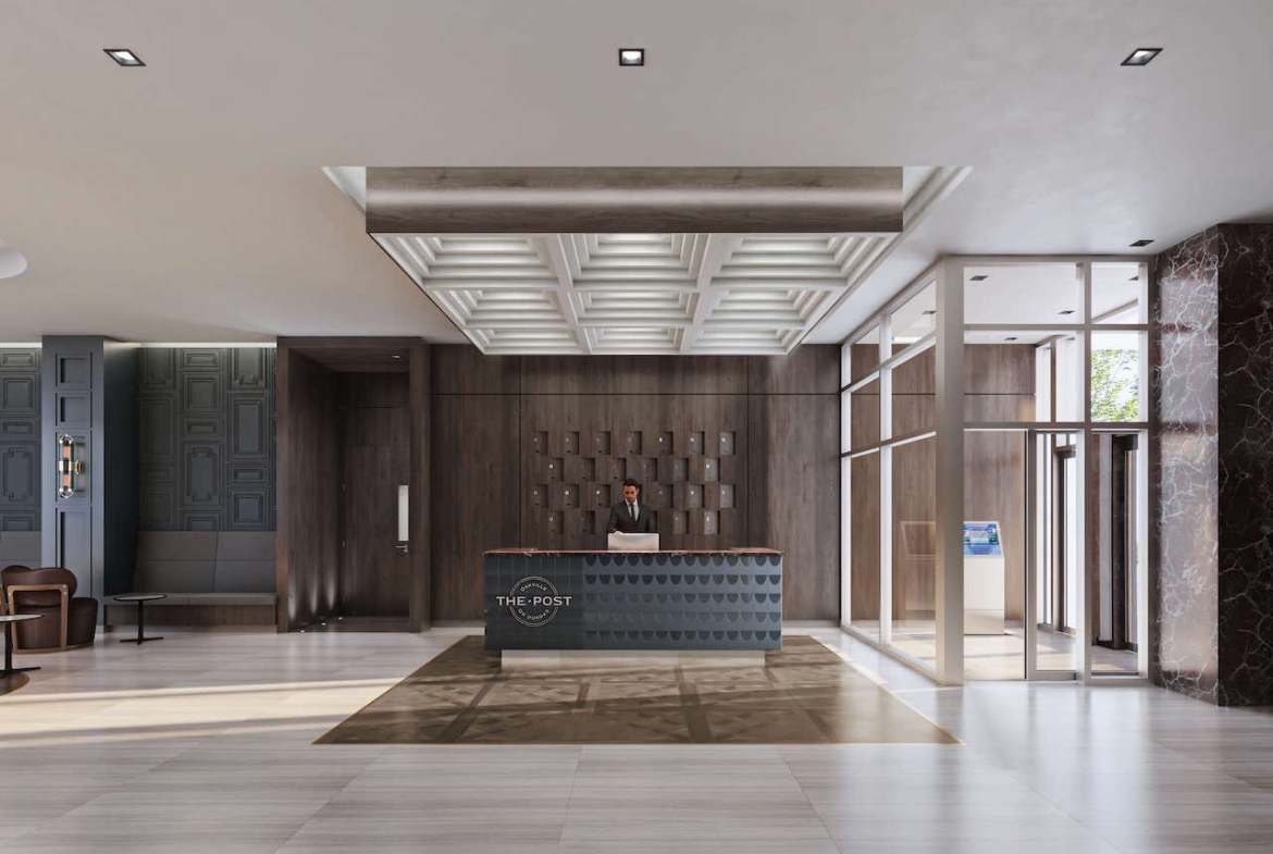 Rendering of The Post Condos lobby with concierge