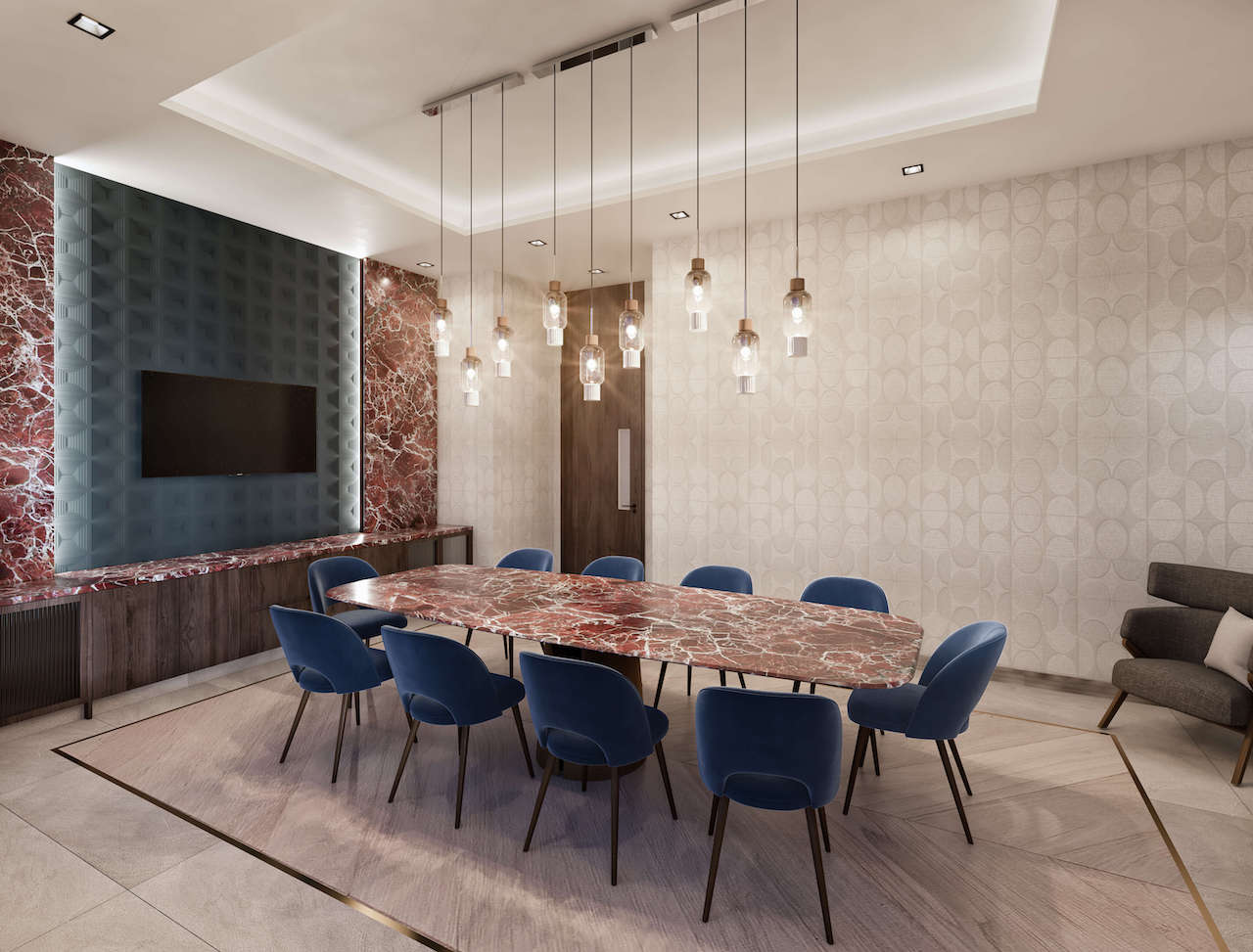 Rendering of The Post Condos party room with dining area