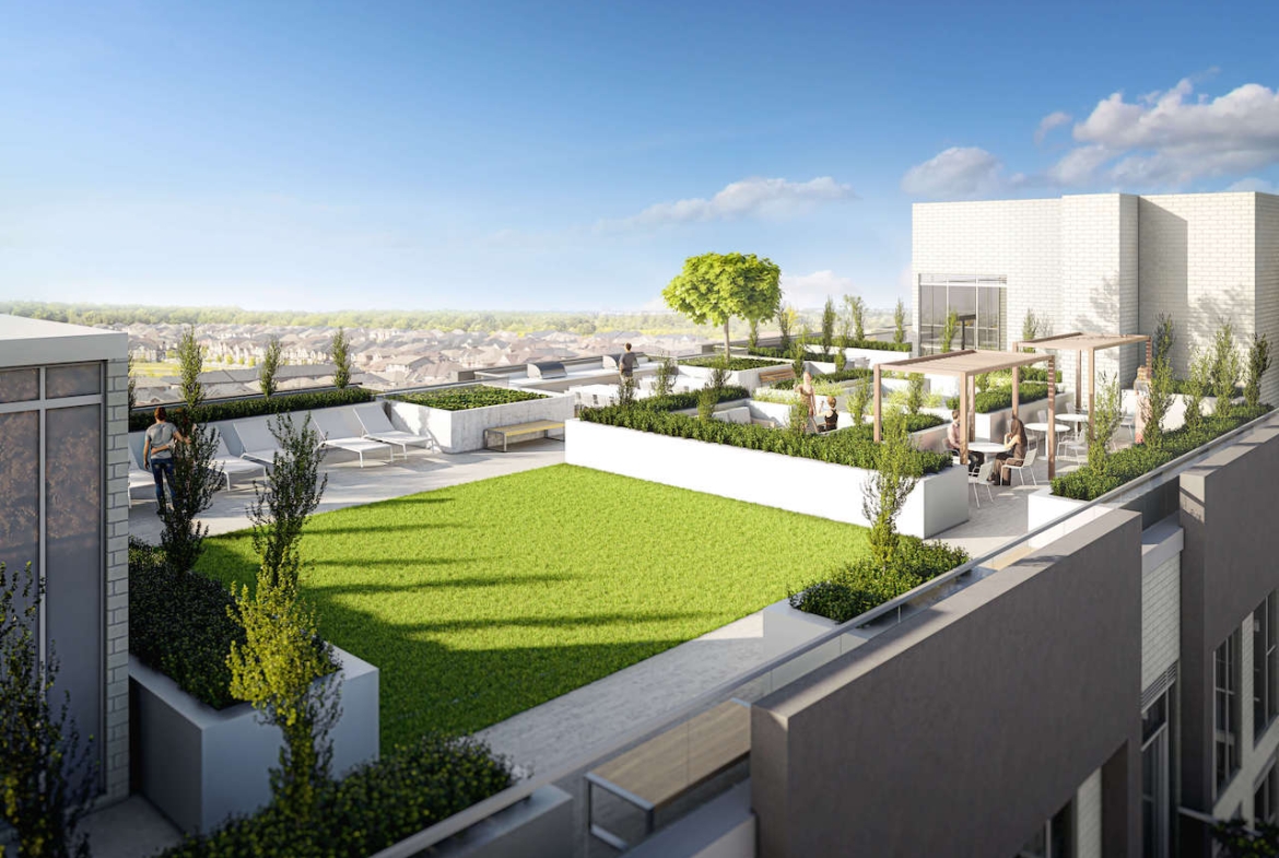 Rendering of The Post Condos rooftop terrace during the day