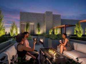 Rendering of The Post Condos rooftop terrace at night
