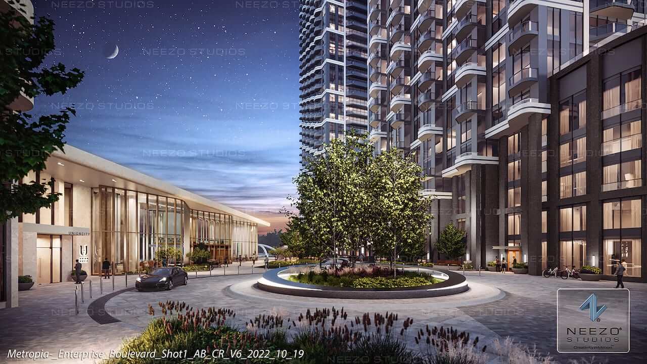Rendering of Union City Condos courtyard at night