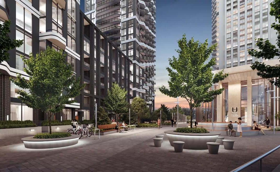 Rendering of Union City Condos courtyard in the evening