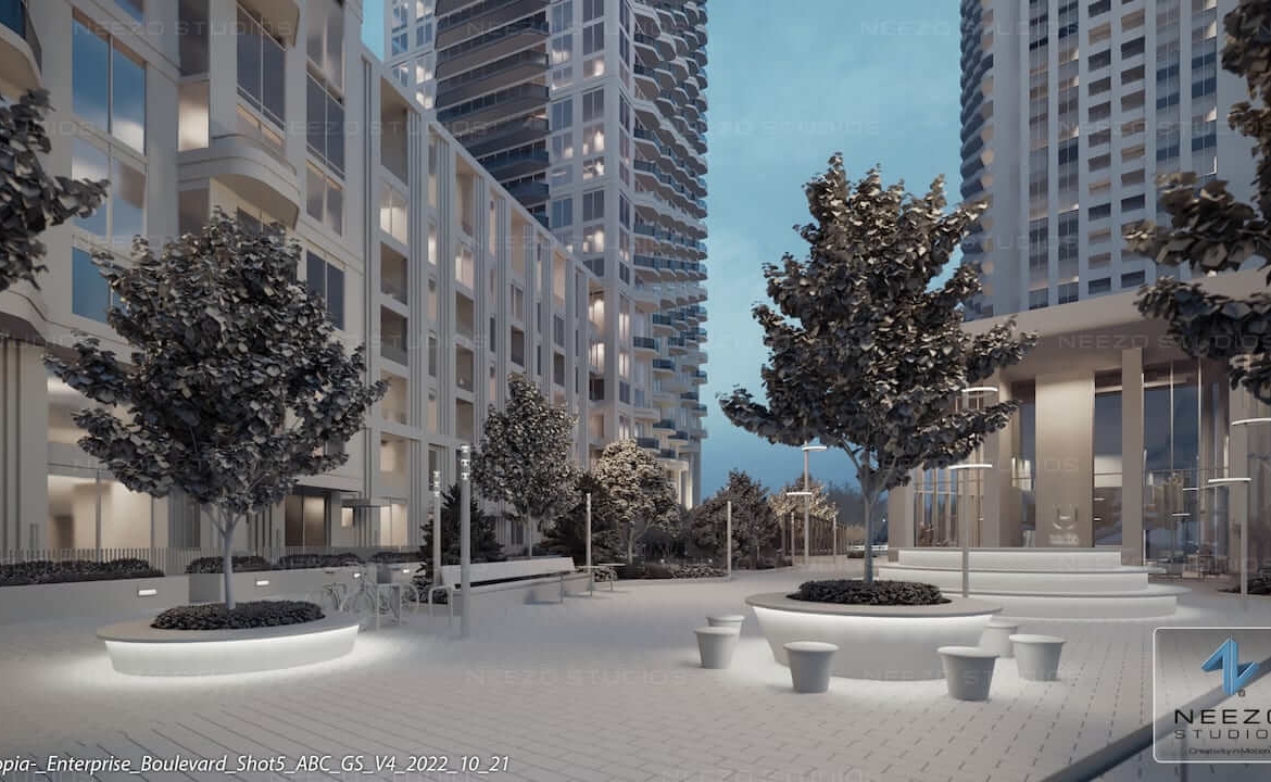 Rendering of Union City Condos courtyard with seating