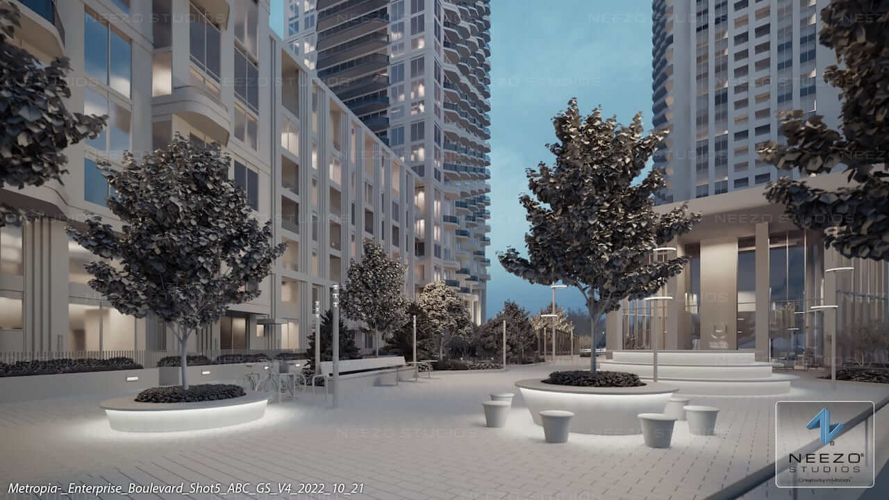Rendering of Union City Condos courtyard with seating