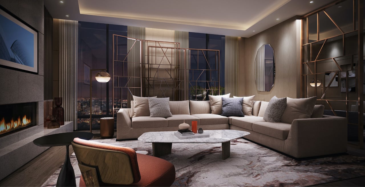 Rendering of Westerly Condos party room with fireplace