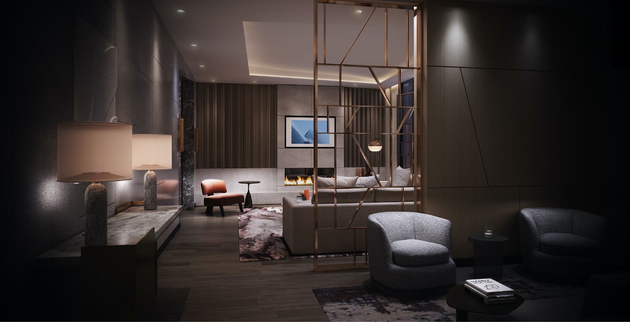 Rendering of Westerly Condos party room at night