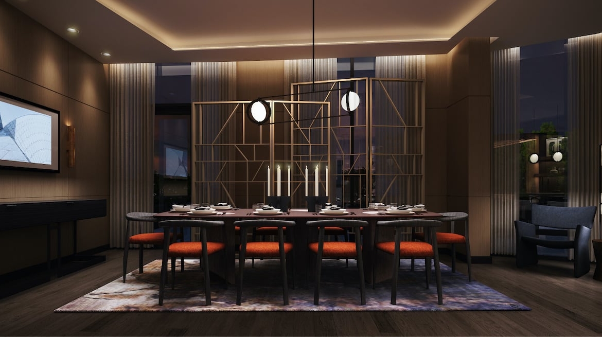 Rendering of Westerly Condos dining room with large table