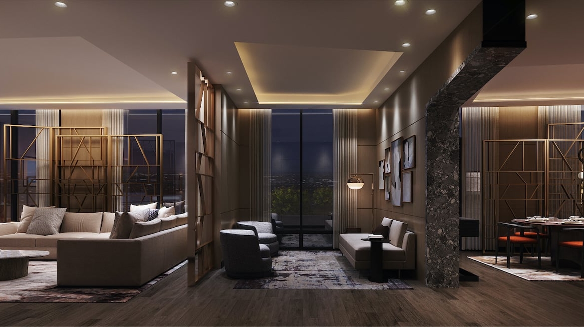 Rendering of Westerly Condos party room section with seating