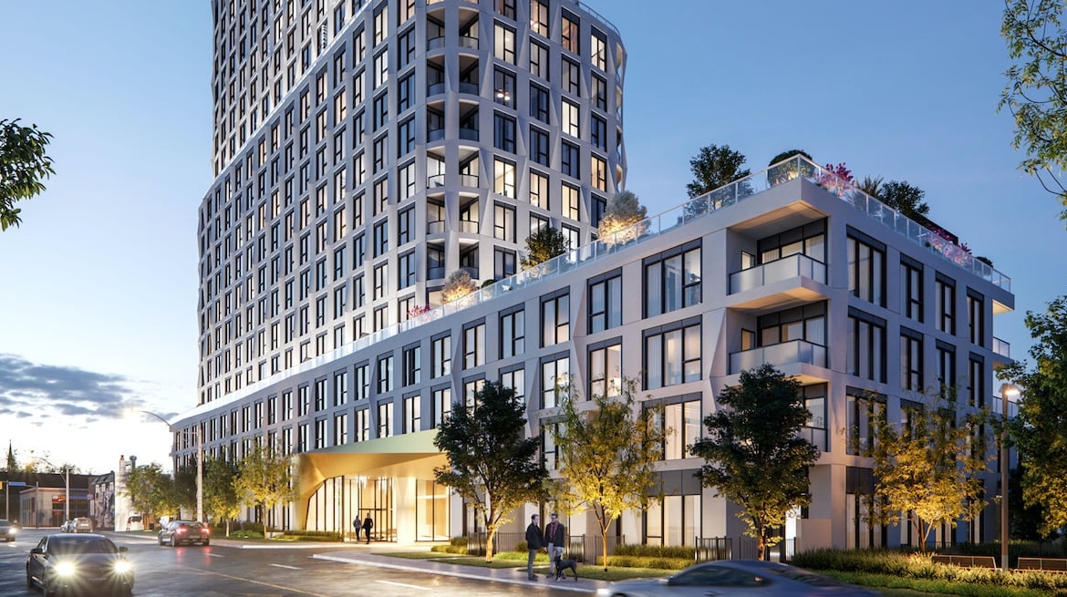 Rendering of Westerly Condos exterior and streetscape in the evening