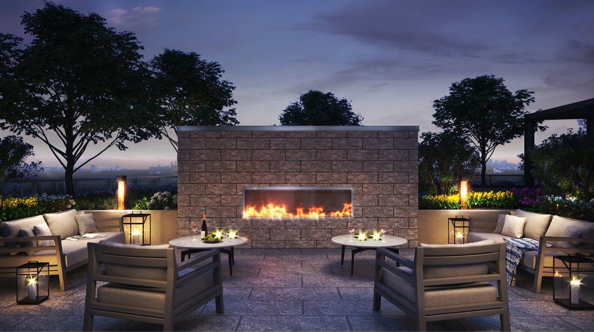 Rendering of Westerly Condos outdoor fireplace at night