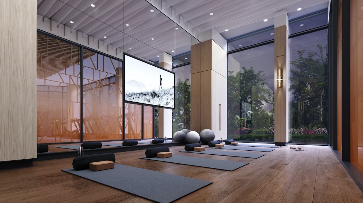 Rendering of Westerly Condos fitness centre with yoga mats