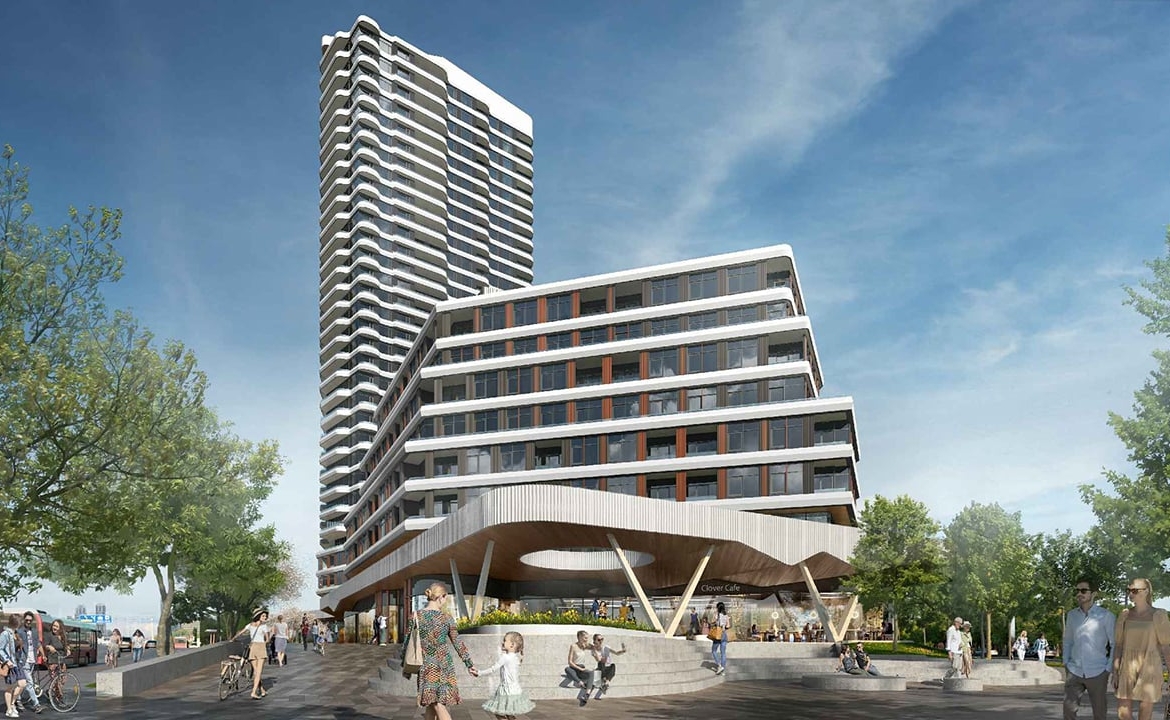 Rendering of 2 East Mall Crescent Condos exterior worms-eye-view