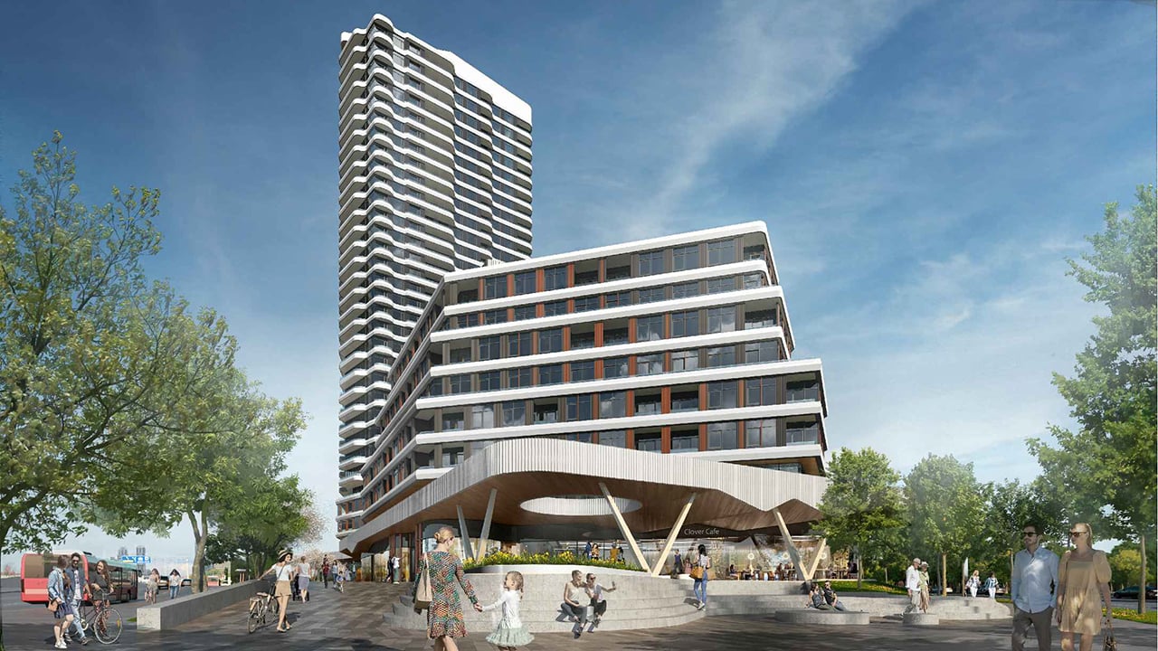Rendering of 2 East Mall Crescent Condos exterior worms-eye-view