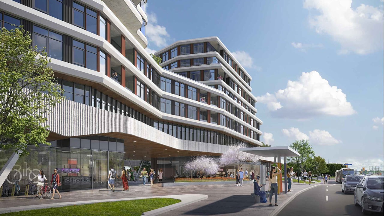 Rendering of 2 East Mall Crescent Condos exterior entrance during the day