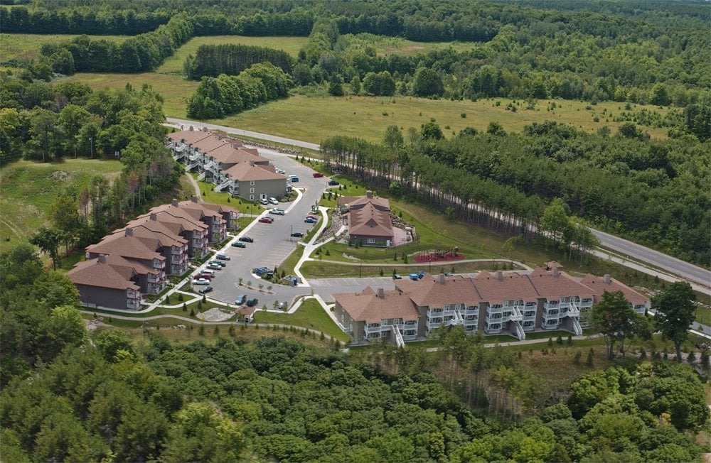 Aerial of Carriage Ridge Resort at Horseshoe Valley during the day