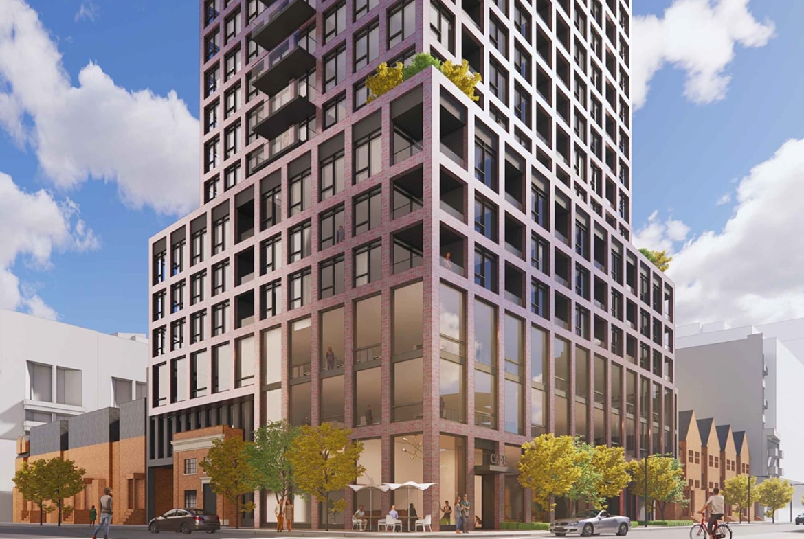 Rendering of 18 Portland Condos exterior podium and street view
