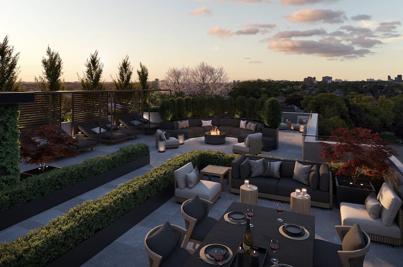 Rendering of 908 St. Clair rooftop terrace in the evening