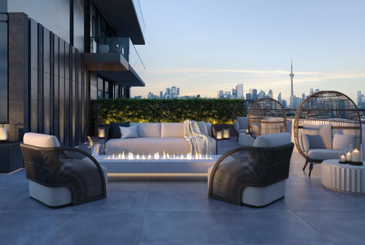 Rendering of 908 St. Clair condos terrace with fireplace
