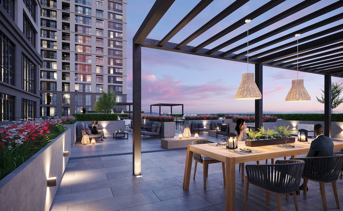 Rendering of Bristol Place Condos terrace at night