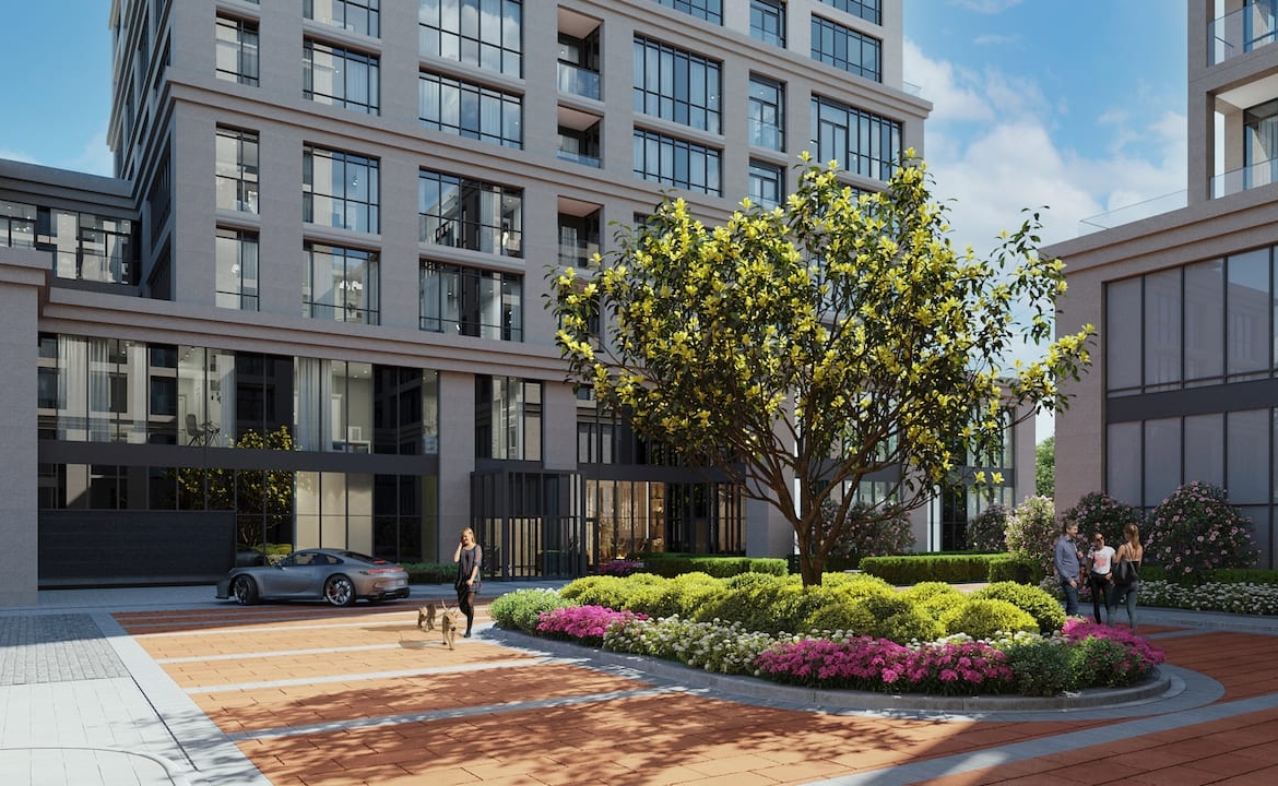 Rendering of Bristol Place Condos entrance during the day