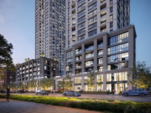 Rendering of Bristol Place Condos streetscape at night