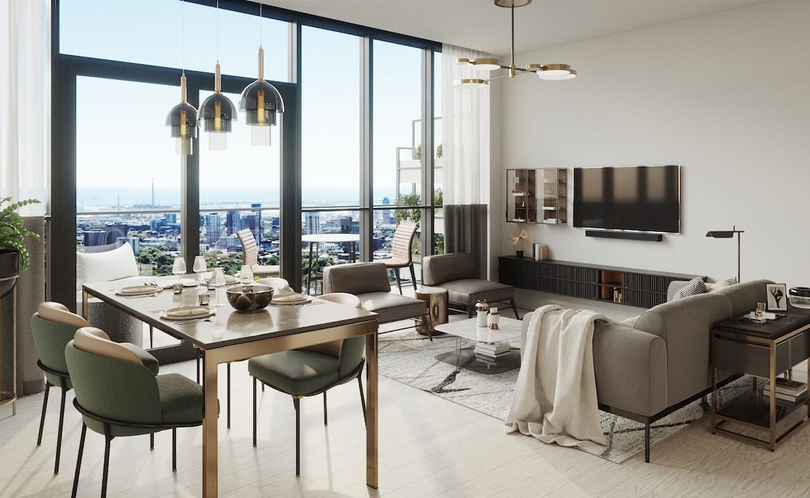 Rendering of Bristol Place Condos suite living room open-concept
