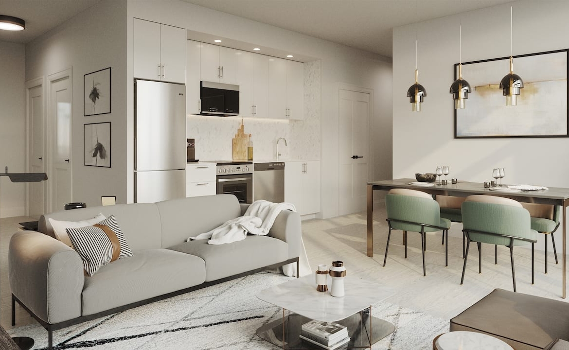 Rendering of Bristol Place Condos suite interior living room and kitchen