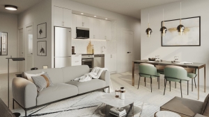 Rendering of Bristol Place Condos suite interior living room and kitchen