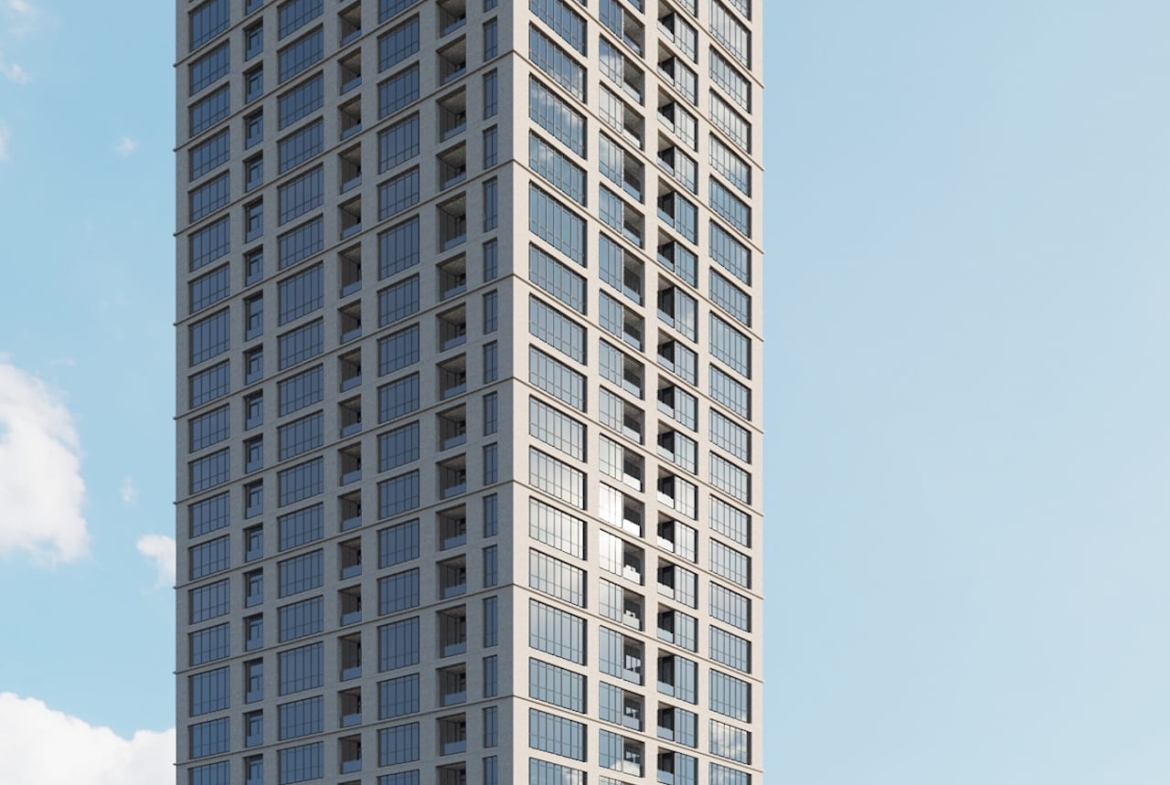 Rendering of Bristol Place Condos exterior tower A from Thomas street view