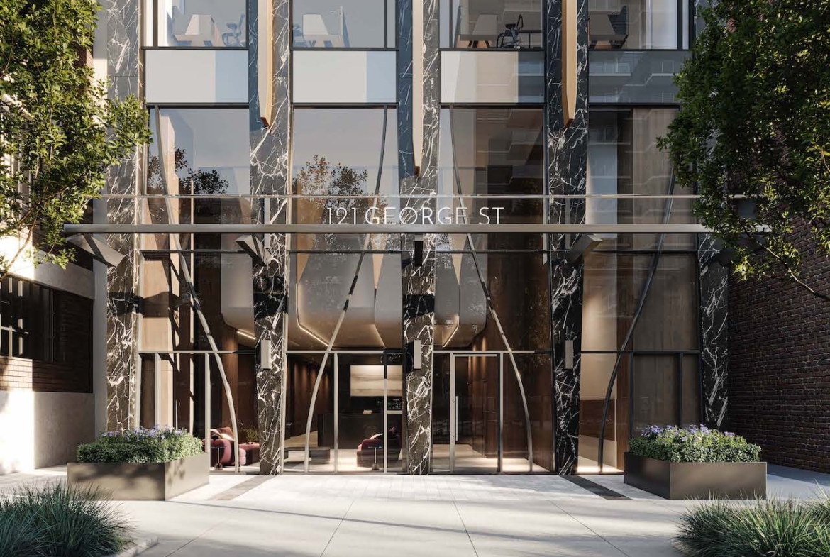 Rendering of Celeste Condos Exterior Entrance at 125 George St in Toronto