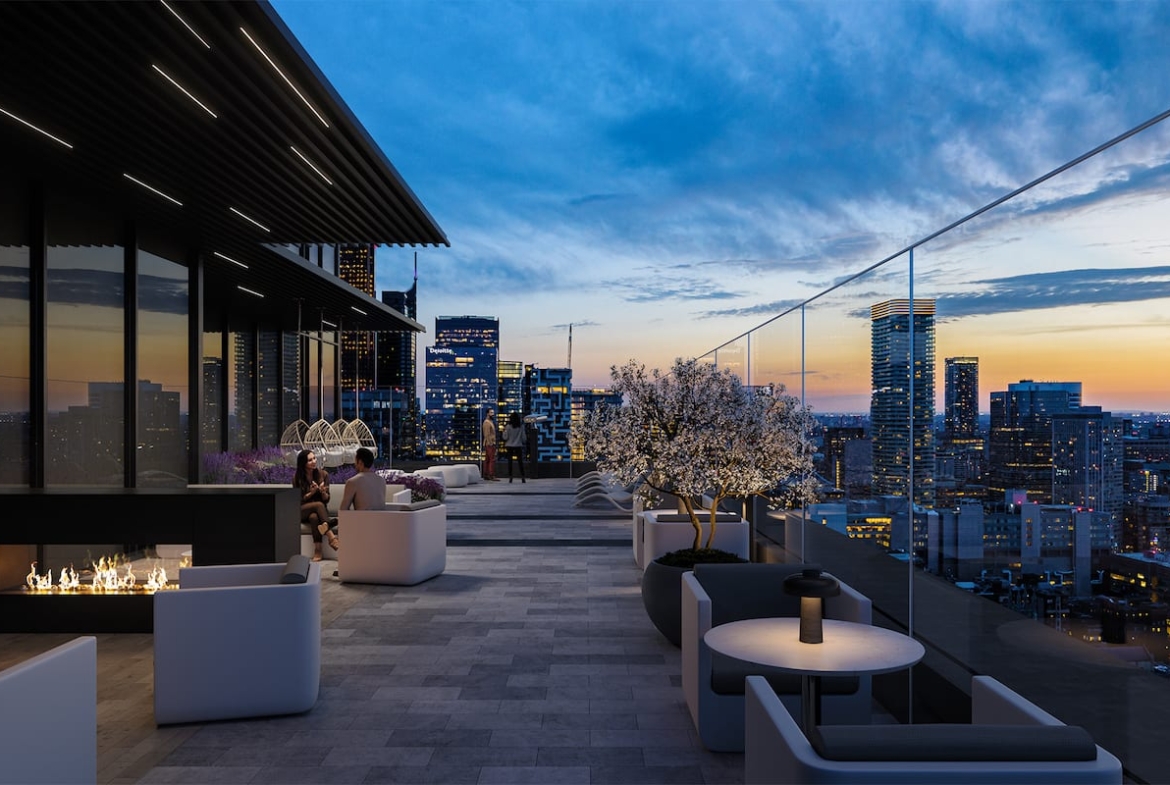 Rendering of Celeste Condos PF Rooftop at dusk