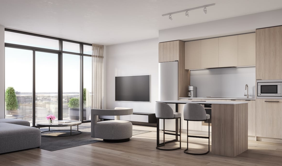 Rendering of The Design District Condos suite interior kitchen living and dining area