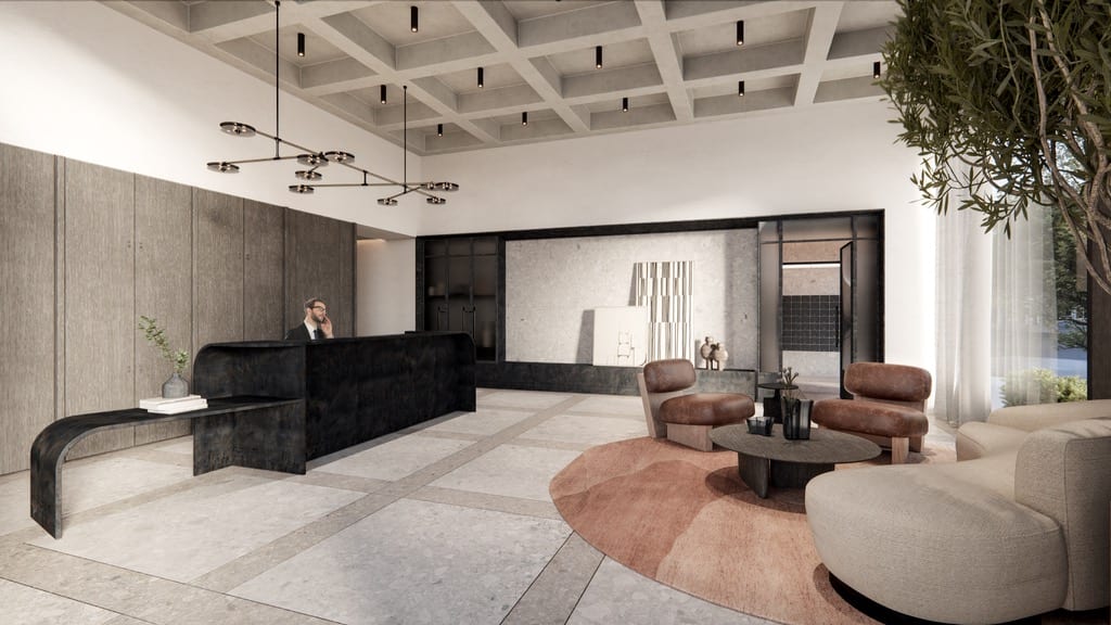 Rendering of The Frederick lobby with concierge