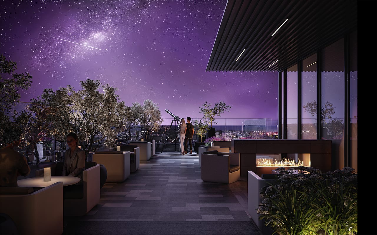Rendering of Celeste Condos rooftop terrace view of the night sky