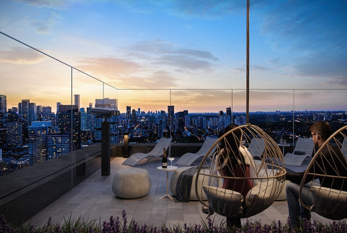 Rendering of Celeste Condos rooftop terrace in the evening with seating areas
