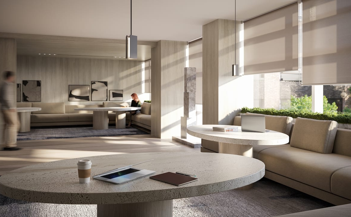 Rendering of The Design District condos interior shared co-working lounge